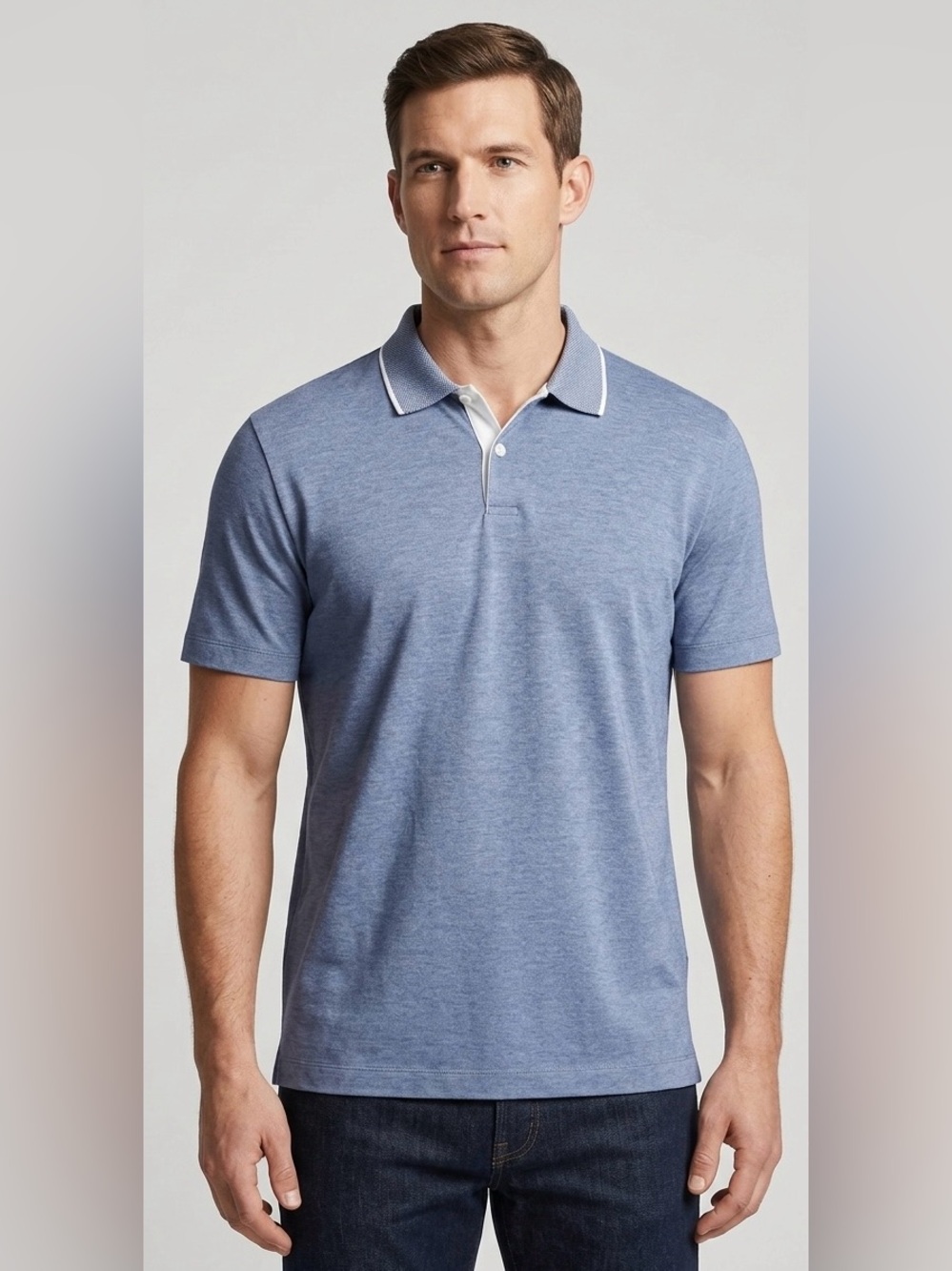 Theory Men's M Heather Blue Contrast Collar Polo Shirt Short Sleeve Pique‎ Top